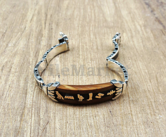 Egyptian Personalized Sterling Silver Lotus Personalized Cartouche Inlaid Cuff Links Bracelet , WORLD WIDE Express Shipping