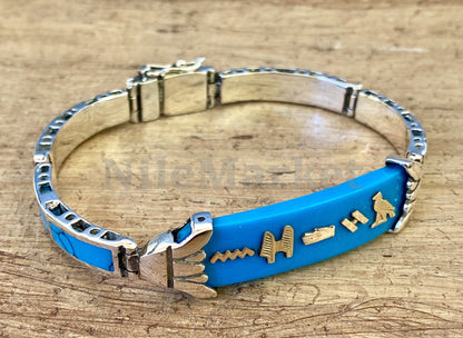 Put your name on Egyptian Custom Sterling Silver Lotus Personalized Cartouche Blue Inlaid Cuff Links Bracelet , WORLD WIDE Express Shipping