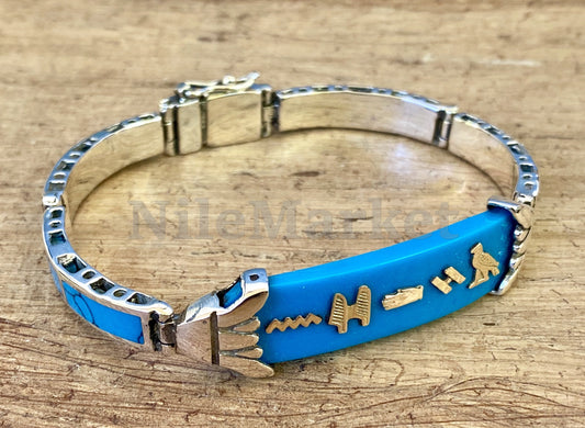 Put your name on Egyptian Custom Sterling Silver Lotus Personalized Cartouche Blue Inlaid Cuff Links Bracelet , WORLD WIDE Express Shipping