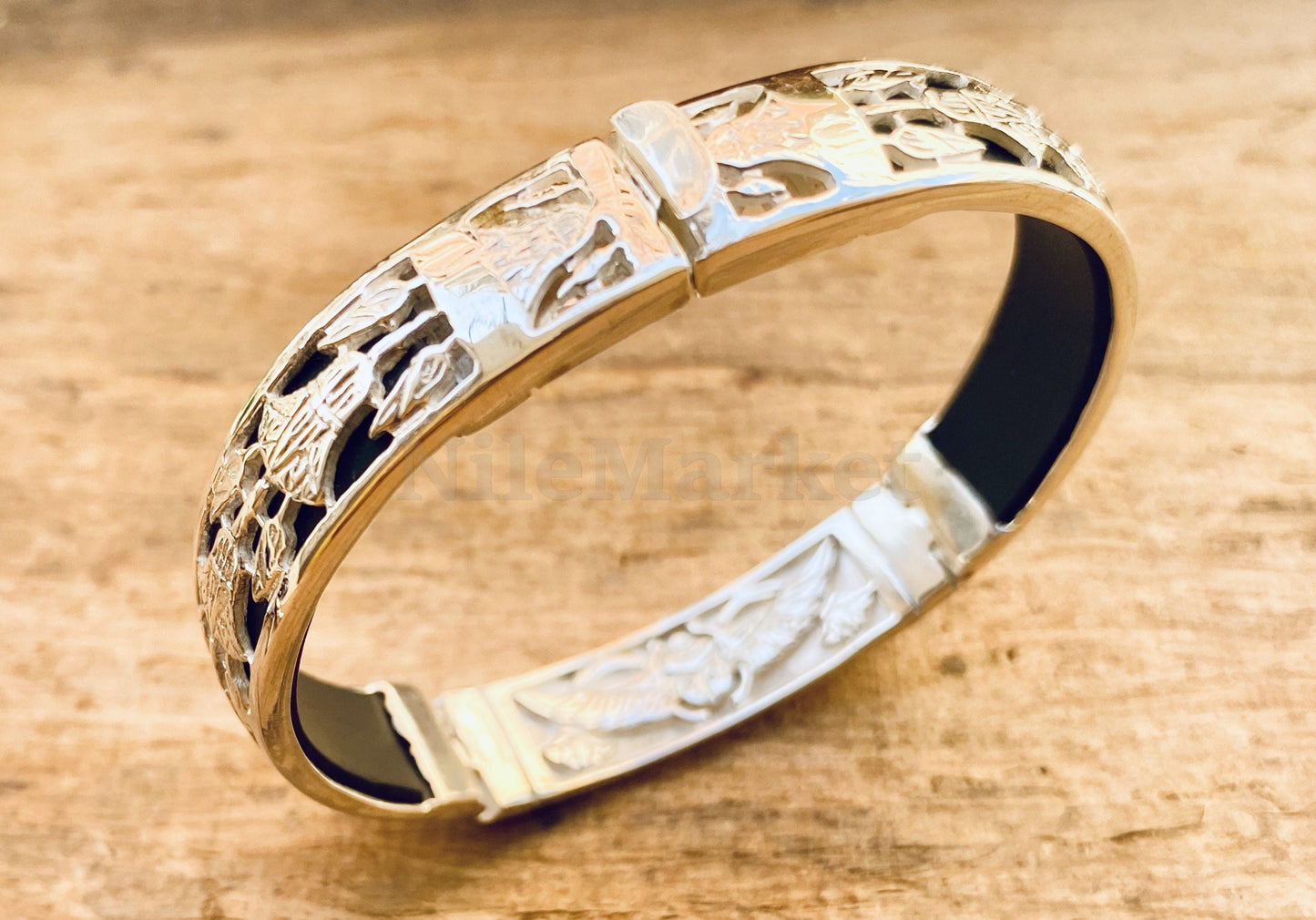 Egyptian Customized Sterling Silver Lotus Cartouche Cuff Bracelet Winged Scarab Lotus