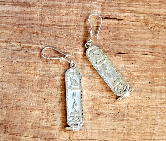 Long Egyptian Laser Cut Personalized Sterling Silver Cartouche Earrings With Lotus ,Personalize Cartouche Name Earrings