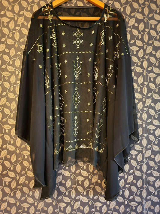 Egyptian Black Assuit Golden metal tulle Chiffon Tunic Tops Loose Batwing Blouse
