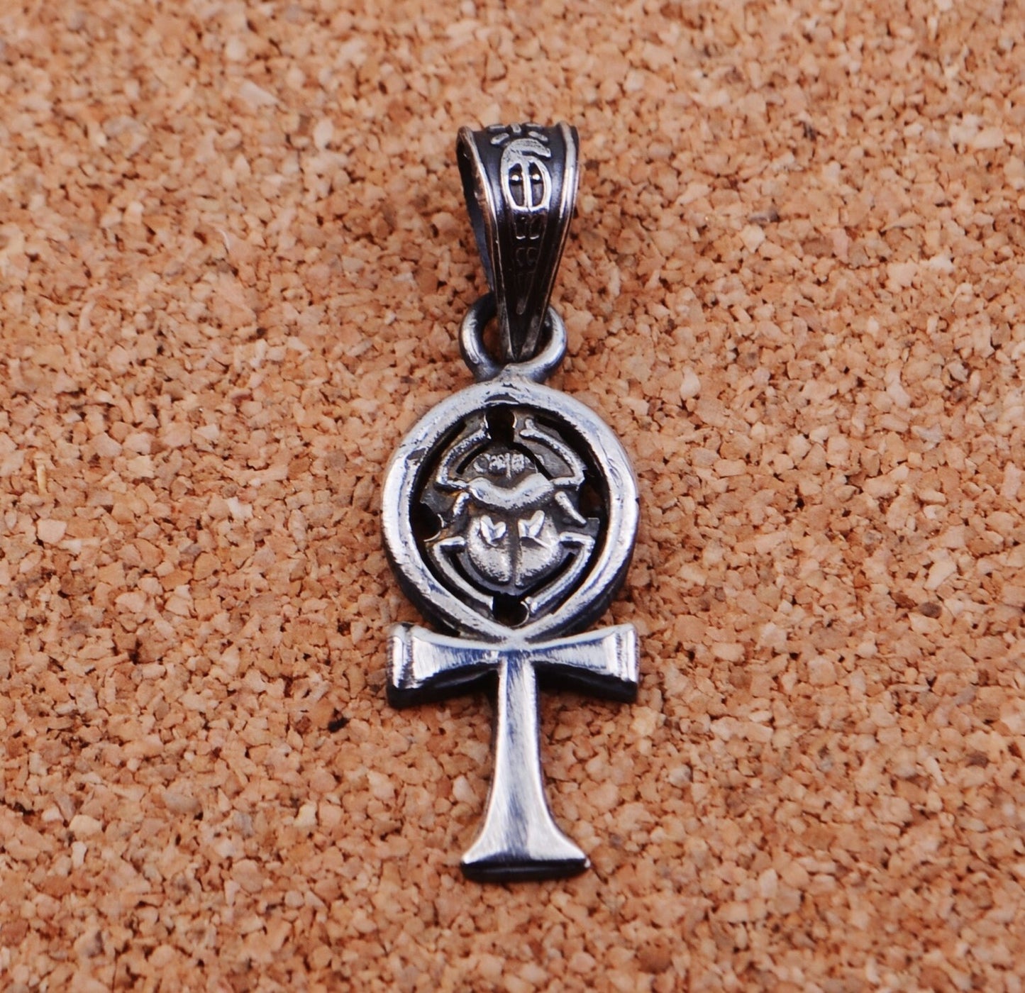 Egyptian Solid Silver Hallmarked Life Key Ankh With Scarab Pendant Charm