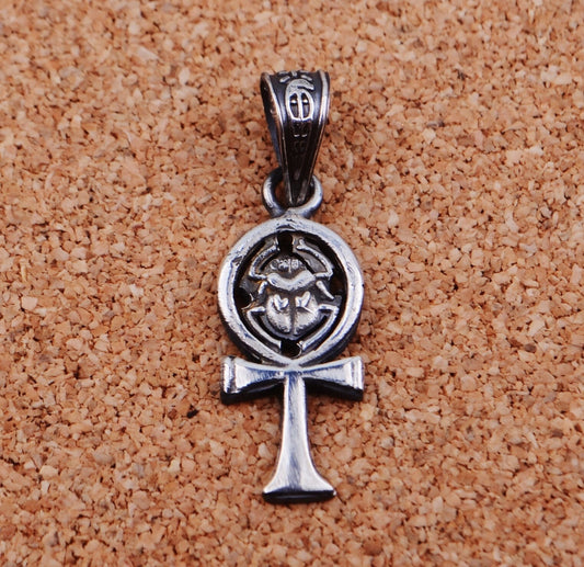 Egyptian Solid Silver Hallmarked Life Key Ankh With Scarab Pendant Charm