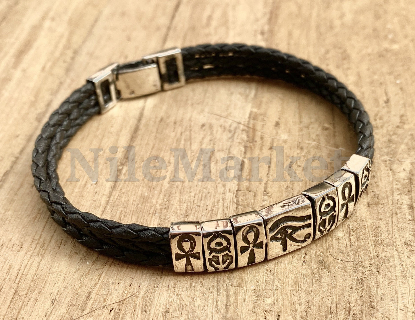 Egyptian Customized Personalized Sterling Silver ankh scarab eye of horus leather bracelet Gift for Her gifts for him, men's jewellery