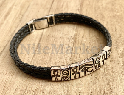 Egyptian Customized Personalized Sterling Silver ankh scarab eye of horus leather bracelet Gift for Her gifts for him, men's jewellery