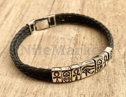 Egyptian Customized Personalized Sterling Silver ankh scarab eye of horus leather bracelet Gift for Her gifts for him, men's jewellery