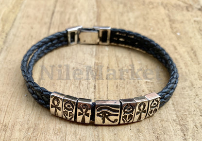 Egyptian Customized Personalized Sterling Silver ankh scarab eye of horus leather bracelet Gift for Her gifts for him, men's jewellery