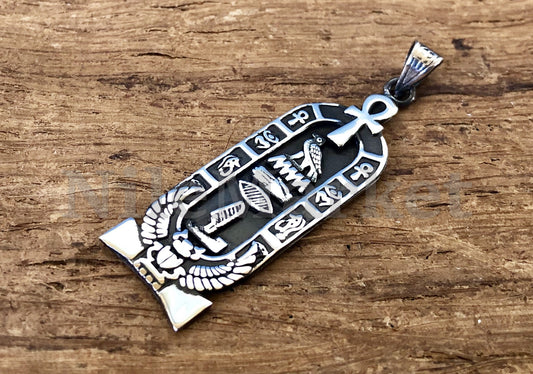 Customized Egyptian Personalized Sterling Silver Ankh And Winged Scarab Cartouche Pendant Nameplate Charm , WORLD WIDE Express Shipping