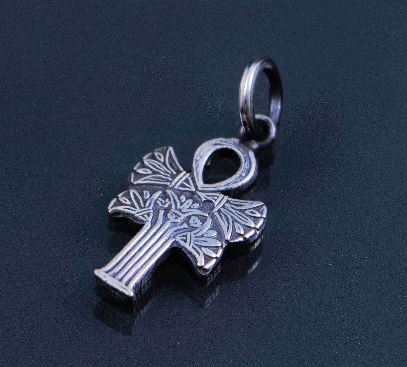 Egyptian Solid Silver Hallmarked Key Of Life Ankh Life Key Lotus Oxidized Pendant Charm