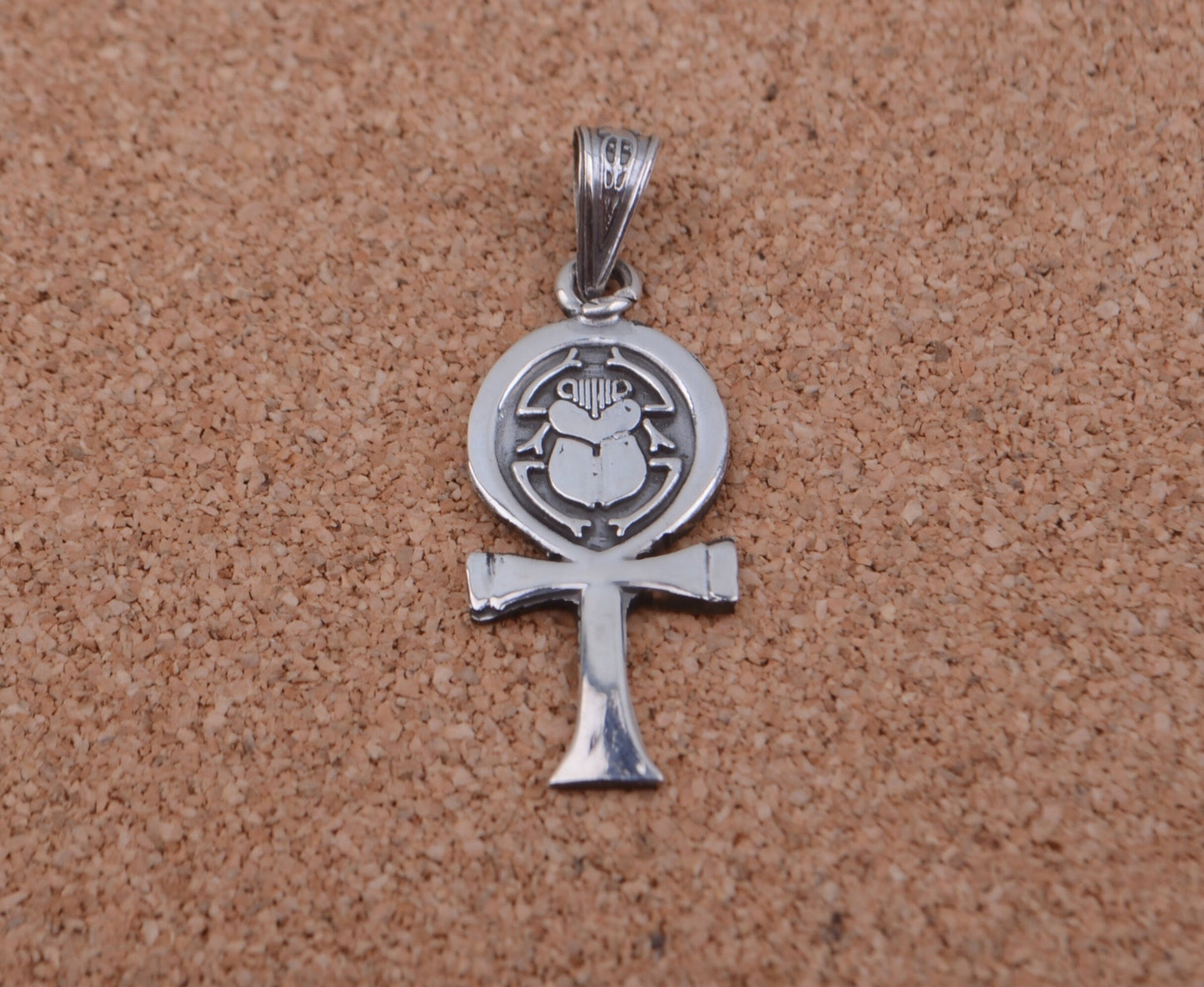 Shiny Egyptian Solid Silver Hallmarked Life Key Ankh With Scarab Pendant Charm Pendant Egyptian Jewelry
