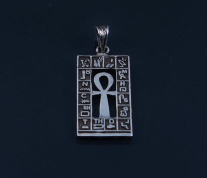 Lovely Egyptian Sterling Silver Hieroglyphics Framed Ankh life key Cross Pendant Charm