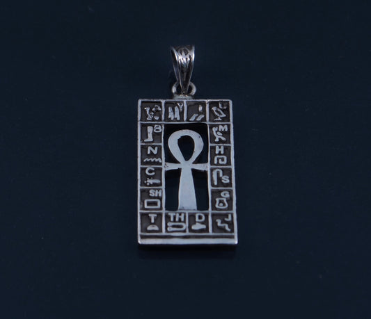 Lovely Egyptian Sterling Silver Hieroglyphics Framed Ankh life key Cross Pendant Charm
