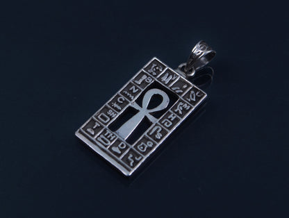 Lovely Egyptian Sterling Silver Hieroglyphics Framed Ankh life key Cross Pendant Charm