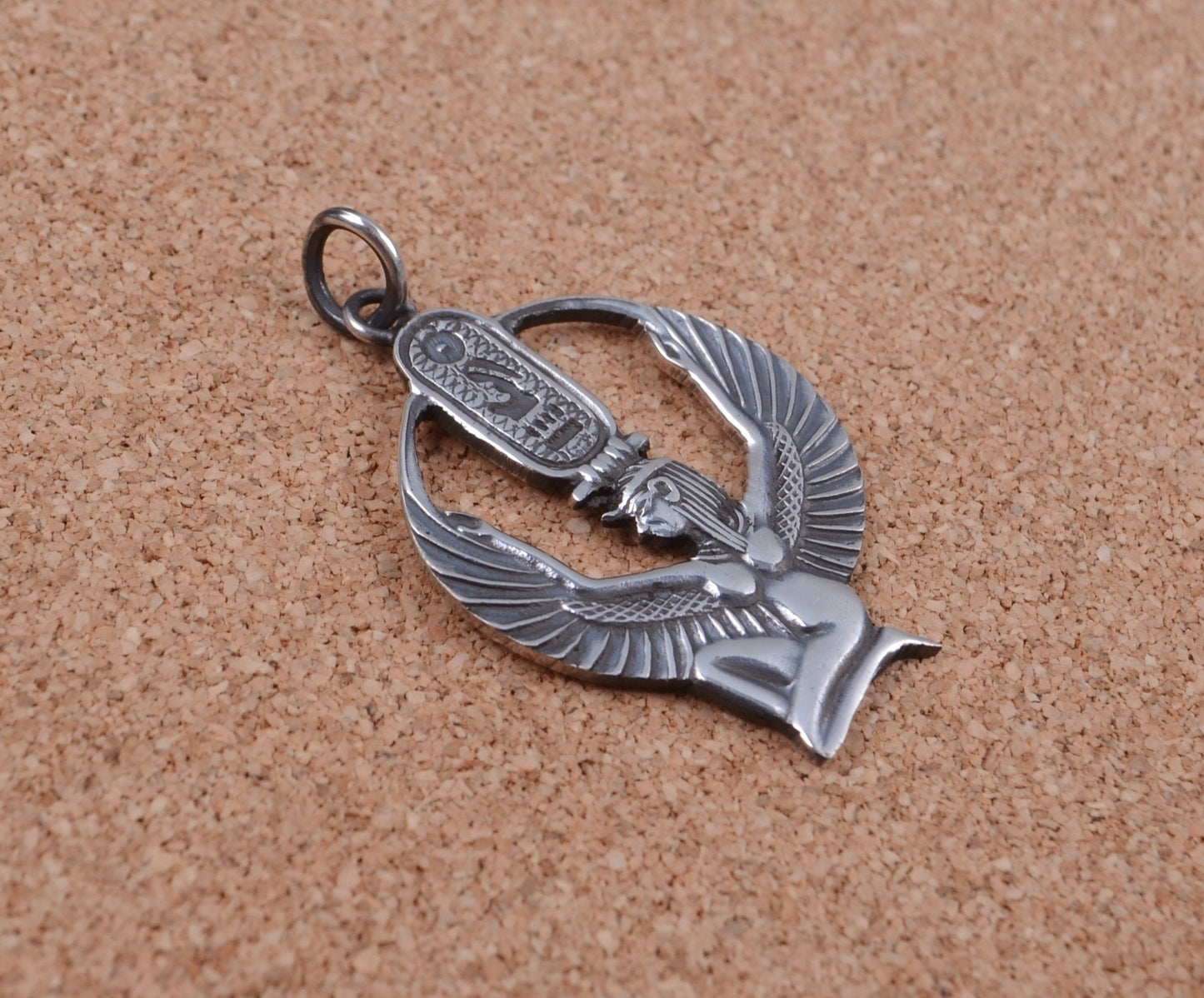 Egyptian Sterling Silver Open Work Oxidized Isis With Hieroglyphics Pendant Charm