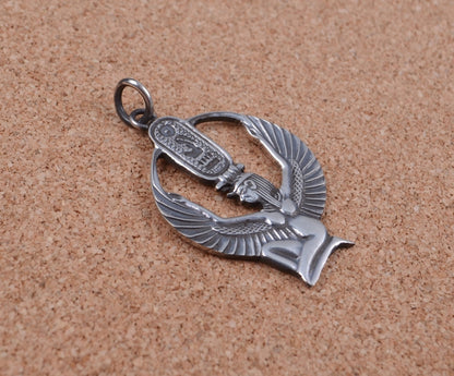 Egyptian Sterling Silver Open Work Oxidized Isis With Hieroglyphics Pendant Charm