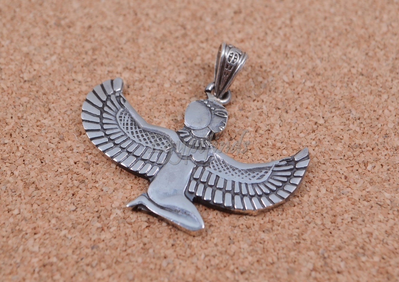 Egyptian Sterling Silver  Oxidized Isis With Hieroglyphics Pendant Charm