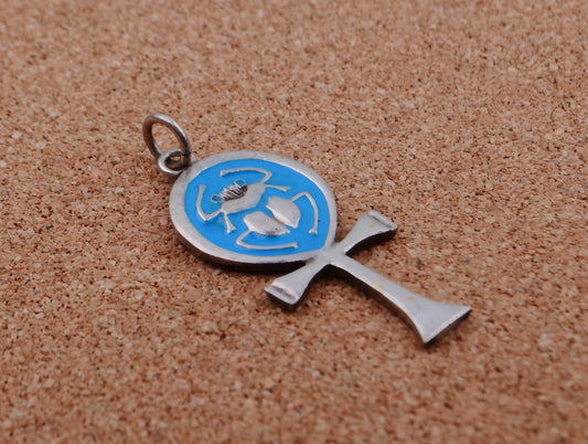 Lrg Egyptian Hand Made Sterling Silver enameled Ankh Life Key With Scarab Charm