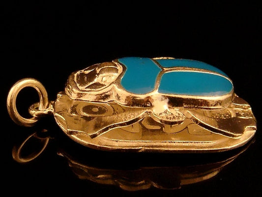 Large Egyptian Sterling Silver Turquoise Enamelled Scarab Luck Charm