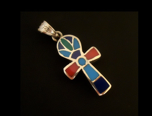 Egyptian Sterling Silver Inlaid life key Ankh Key of Life Pendant Charm With Lotus Inside