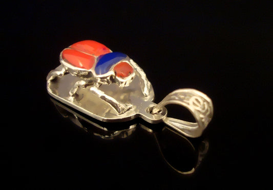 Egyptian Sterling Silver Detailed Colored Inlaid Scarab Pendant Charm