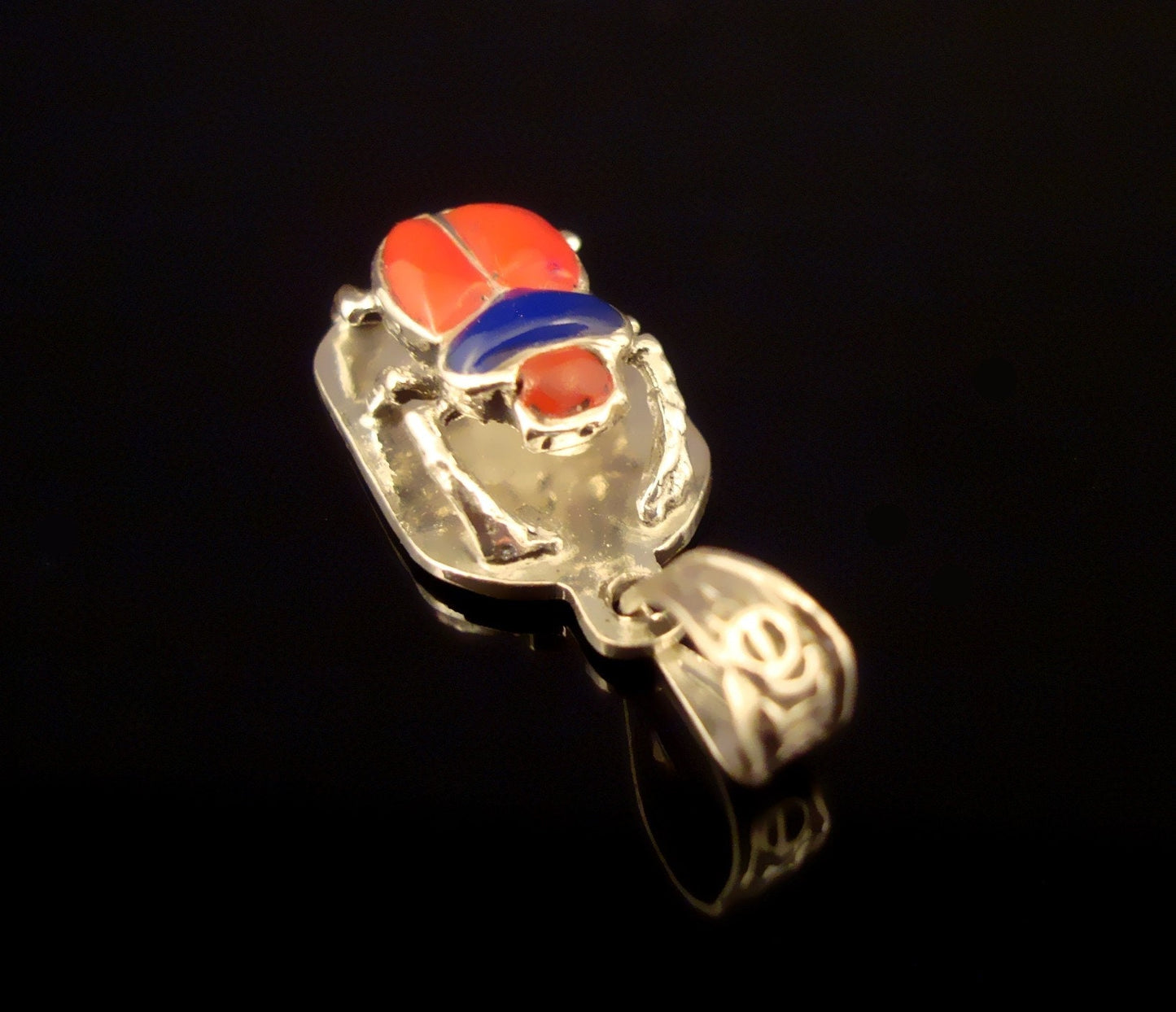 Egyptian Sterling Silver Detailed Colored Inlaid Scarab Pendant Charm