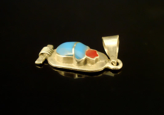 Egyptian Sterling Silver Inlaid Scarab Cartouch Pendant Charm
