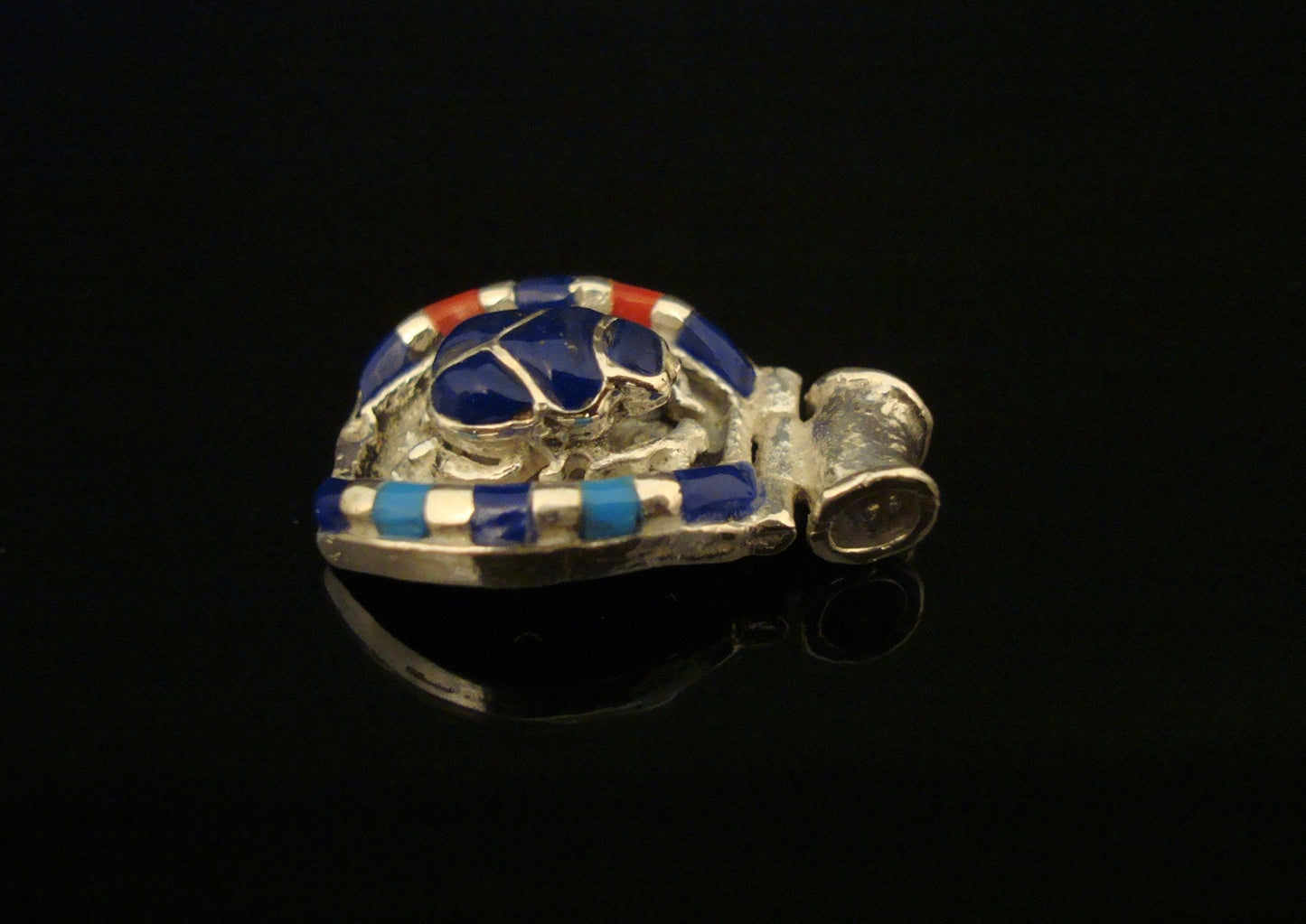 Large Egyptian Hand Crafted Sterling Scarab Inlaid Silver Luck Charm Pendant
