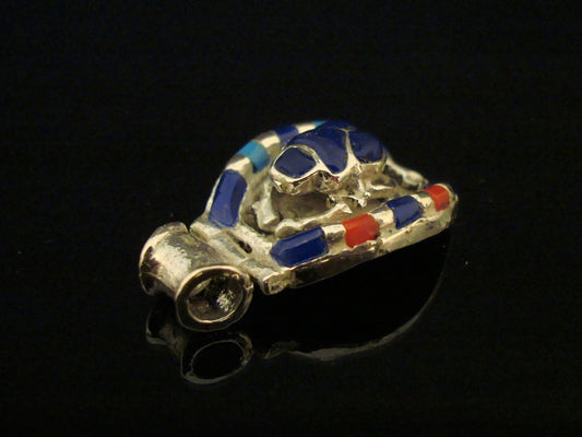Large Egyptian Hand Crafted Sterling Scarab Inlaid Silver Luck Charm Pendant