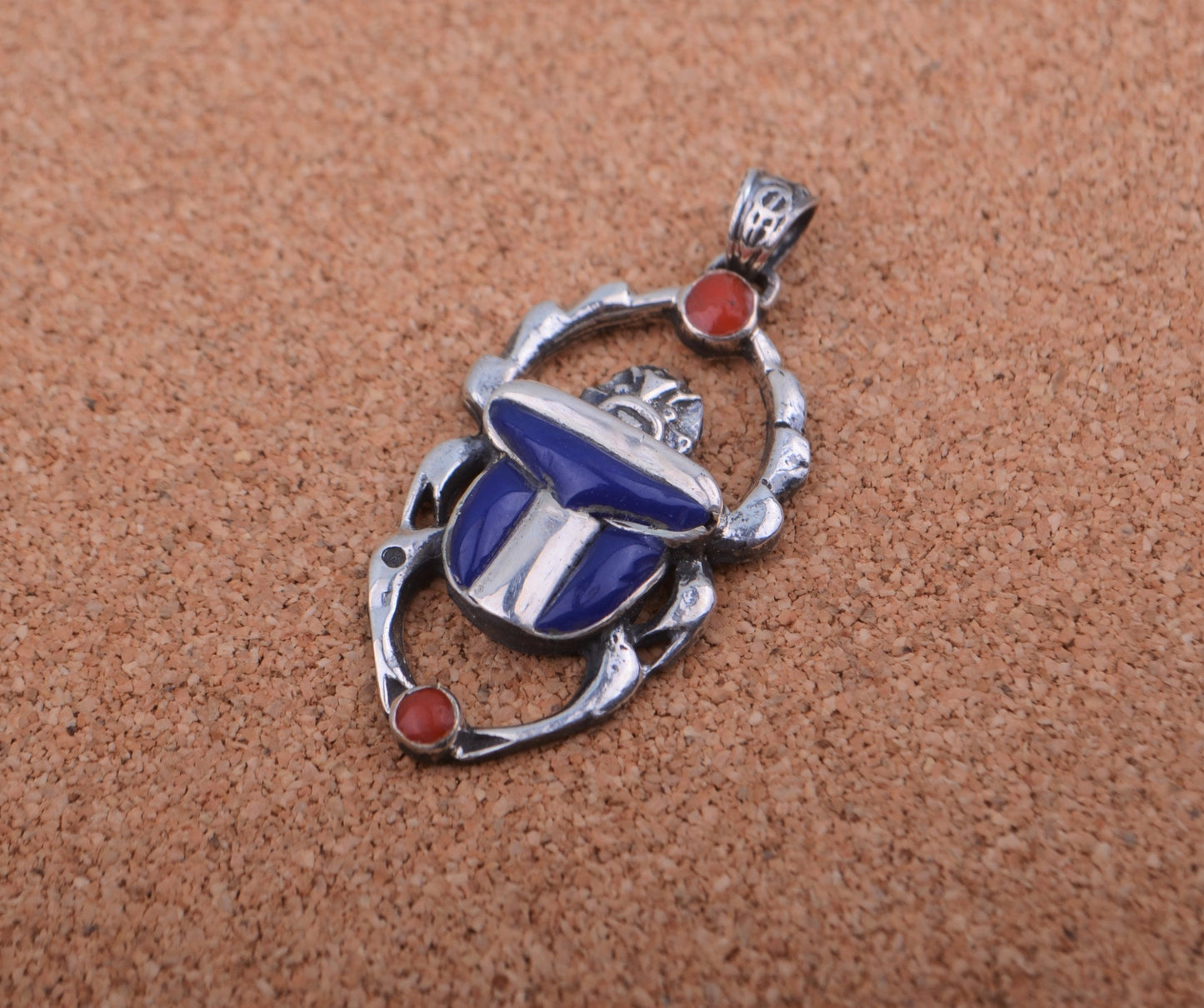Unique Egyptian Hand Made Sterling Silver Inlaid Scarab Charm Pendant