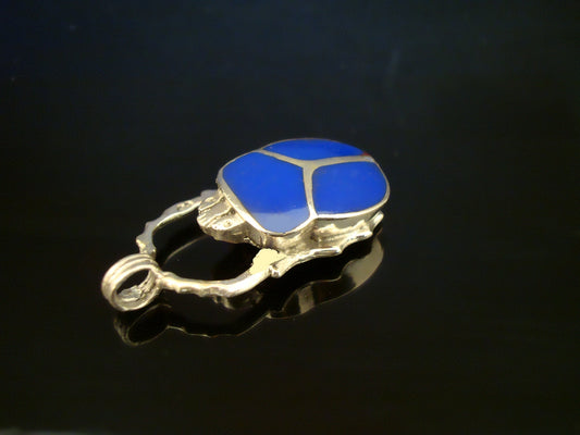 Fabulous Egyptian Hand Made Sterling Silver Inlaid Scarab With Ankh Pendant