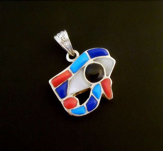 Egyptian Solid Sterling Silver Raised Inlaid Handmade Eye Of Horus Charm Pendant Health Charm  wedjat eye or udjat eye