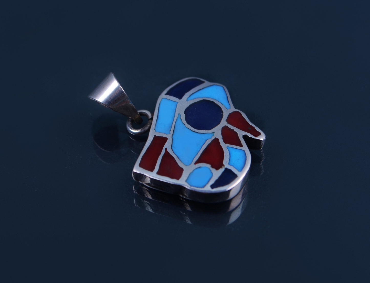 Egyptian Solid Sterling Silver Raised Colored Inlaid Eye Of Horus Charm Pendant