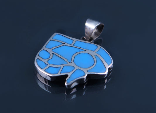 Egyptian Solid Sterling Silver Raised Turquoise Inlaid Eye Of Horus Charm Pendant