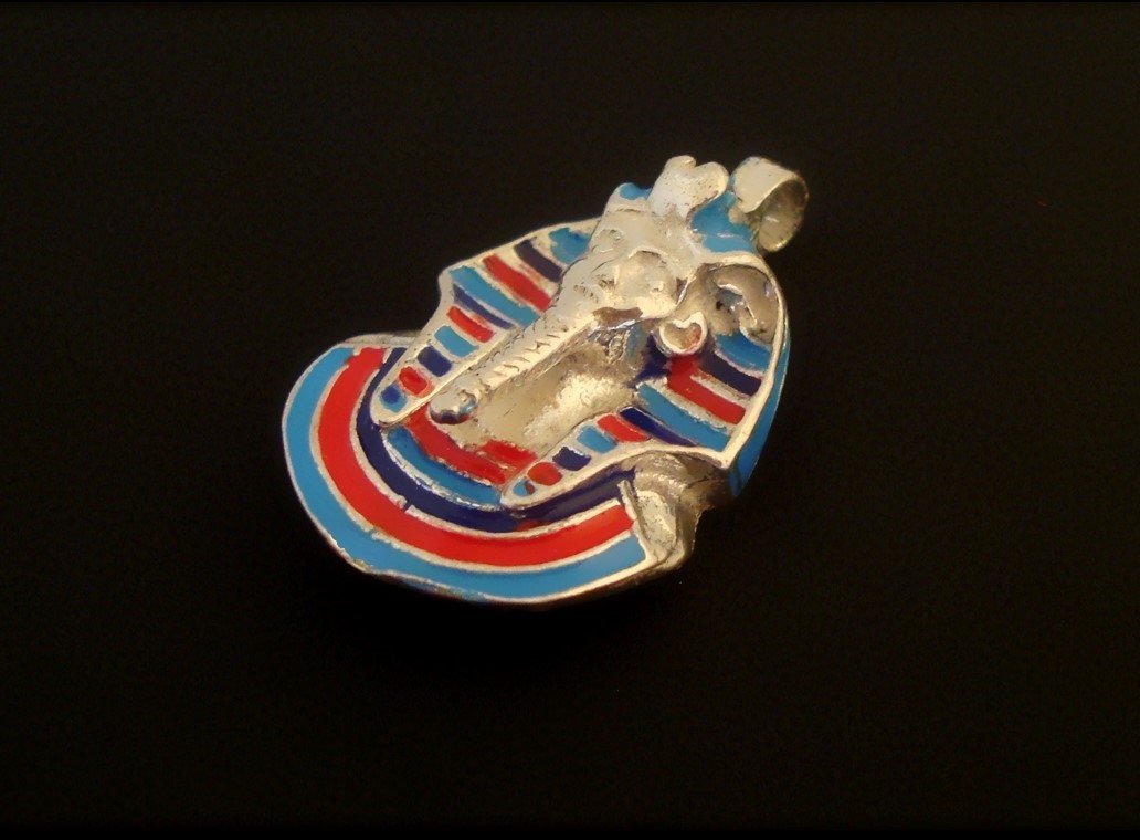 Egyptian Solid Sterling Silver Enameled Tutankhamun Tut Mask Charm Pendant Tutankhamun mask charm