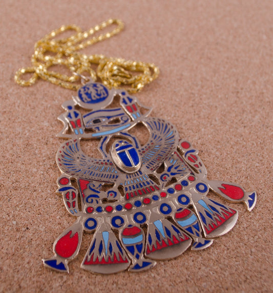 Egyptian Huge Hand Made Detailed Enameled Winged Scarab Necklace