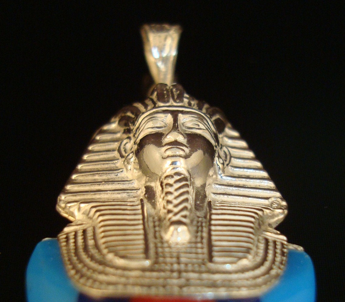 Egyptian Solid Sterling Silver Colored Inlaid Tutankhamun Tut Mummy Pendant