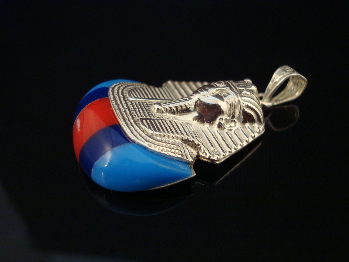 Egyptian Solid Sterling Silver Colored Inlaid Tutankhamun Tut Mummy Pendant