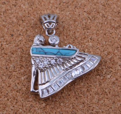 Egyptian Sterling Silver Inlaid Winged Isis With Crystals Charm Pendant