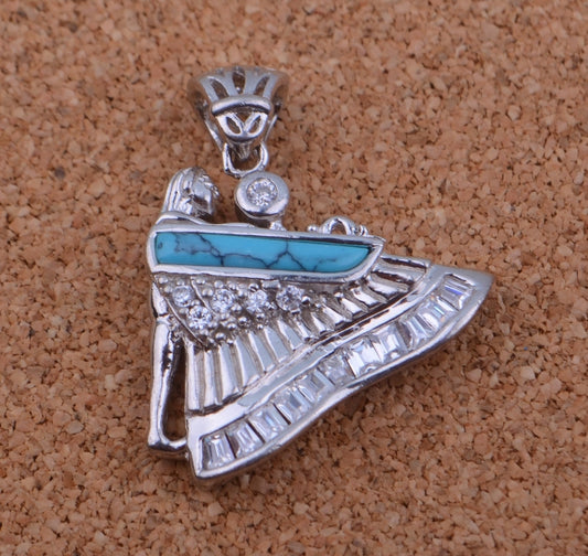 Egyptian Sterling Silver Inlaid Winged Isis With Crystals Charm Pendant