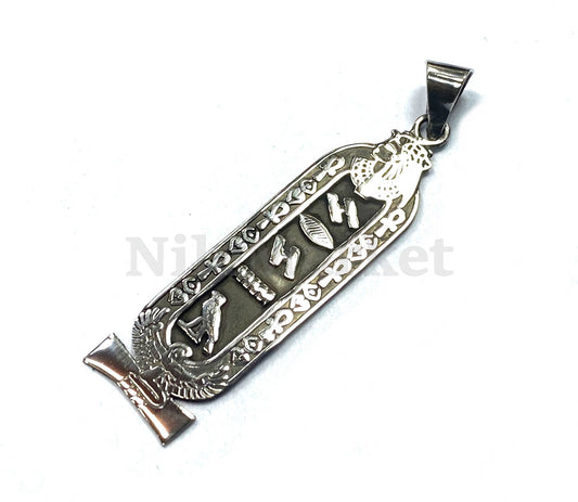 Egyptian Queen Cleopatra And Winged Isis  Personalized Sterling Silver Cartouche Pendant  , Name Cartouche Charm - Egyptian Jewelry