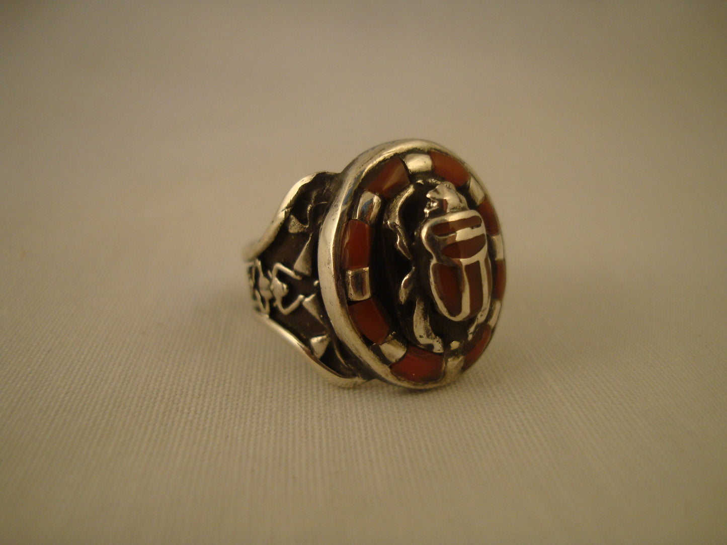 Breathtaking Egyptian Sterling  Silver Inlaid Carnelian Raised Scarab Ring