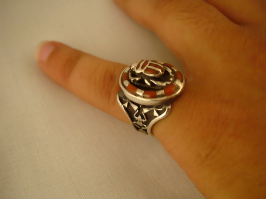 Breathtaking Egyptian Sterling  Silver Inlaid Carnelian Raised Scarab Ring
