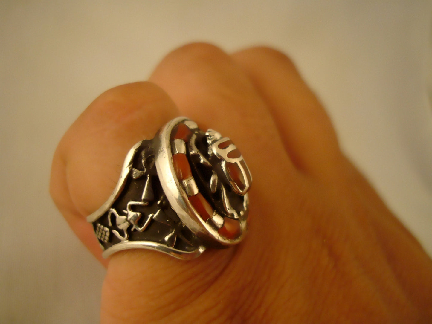 Breathtaking Egyptian Sterling  Silver Inlaid Carnelian Raised Scarab Ring