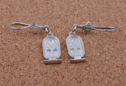 Egyptian Sterling Solid Silver Ankh Life key In Cartouche Earrings Key Of Life Earrings