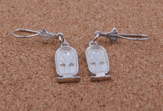 Egyptian Sterling Solid Silver Ankh Life key In Cartouche Earrings Key Of Life Earrings