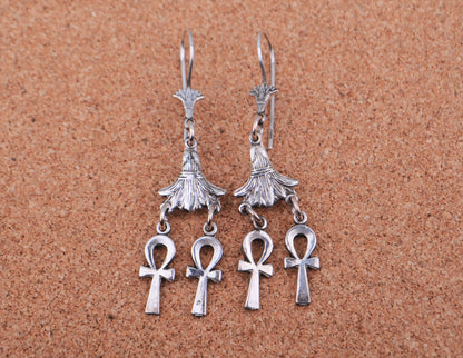 Lrg Egyptian Sterling Silver Lotus Double Ankh Life Key Dangles Earrings
