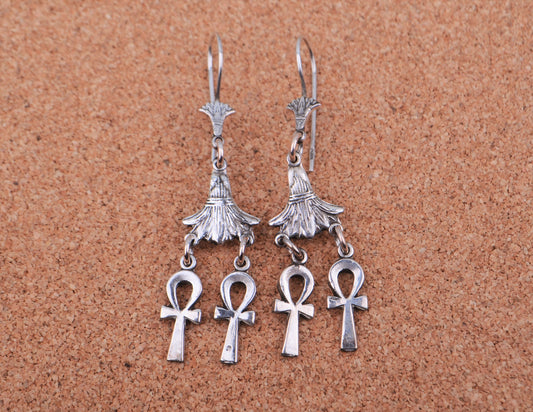 Lrg Egyptian Sterling Silver Lotus Double Ankh Life Key Dangles Earrings