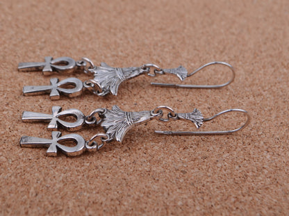 Lrg Egyptian Sterling Silver Lotus Double Ankh Life Key Dangles Earrings