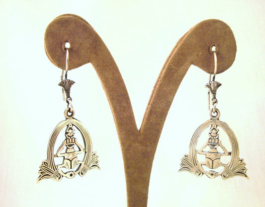 Egyptian Hand Made Sterling Silver Scarab Flanked By Two Lotus Earrings